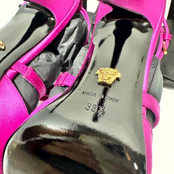 NIB Versace Gianni Ribbon 38.5 US 8.5 Pumps Fuchsia Cage Satin Ankle Strap $1325 - Picture 12 of 16